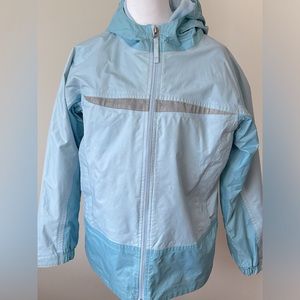 LLBean kids ice-blue fleece lined windbreaker, waterproof zip front jacket.